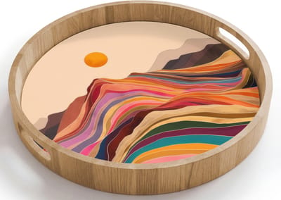 Dienblad rond 40x40 cm - Schootdienblad hout - Zon - Kleurrijk landschap - Bergen - Borrelplank rechthoek - Plateau houten dienbladen