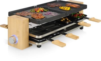 Princess 162918 Raclette - Bamboe - 8 personen - Regelbare Thermostaat - 1300W - 8 pannetjes - 2 meter snoer - Parking deck voor ongebruikte pannetjes
