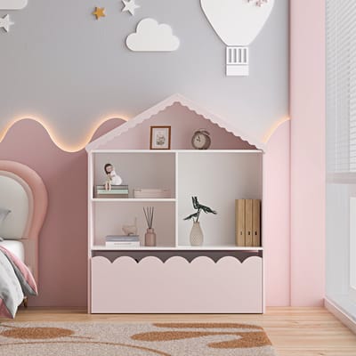 Kinderrek Vestnes in huisvorm 114x91x30 cm wit en roze [en.casa]