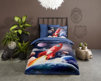 Pure dekbedovertrek raket / ruimte - 1 persoons 140x200/220 cm - Blauw - Microvezel