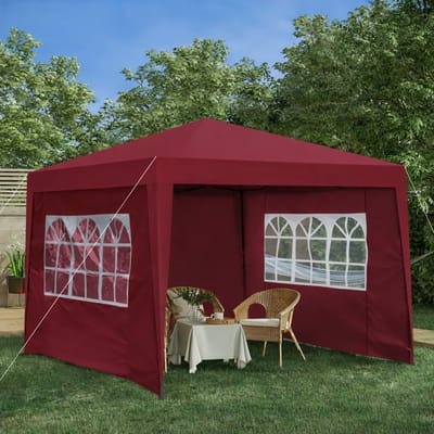 Pugsdrly Vouwtent 3 x 3 m, waterdicht, stabiel en winterbestendig, met 4 zijwanden en 4 zandzakken, UV-bescherming 50+, opvouwbaar, ideaal voor in de tuin, op feestjes en op de camping, stalen frame (bordeauxrood)