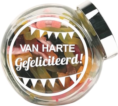 Snoeppot gefeliciteerd, gevuld met winegum snoepmix "van harte gefeliciteerd", verjaardag - snoepcadeautje