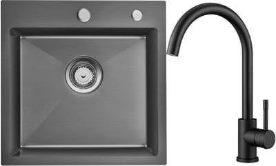 Auralum max Spoelbak Antraciet 45x45 - Met keukenkraan - Spoelbakken Keuken - Wasbak Keuken - Met Kraangat - RVS Spoelba Staal Incl. Sifon en Afvoerzeefje