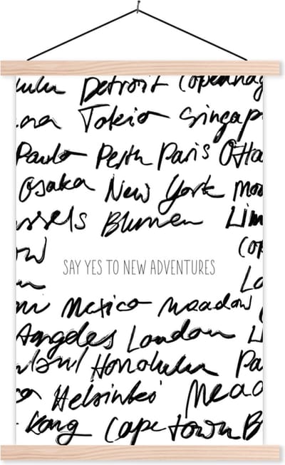Posterhanger incl. Poster 40x60 cm - Schoolplaat - Spreuken - Quotes - Say yes to new adventures - London - Textielposter - Blanke latten