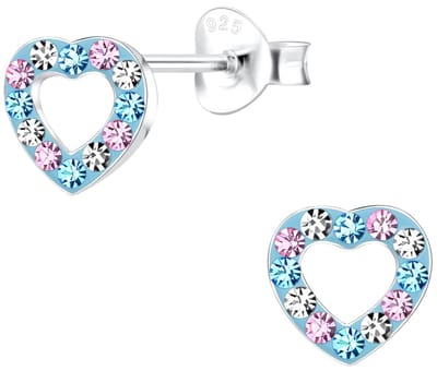 Joy|S - Zilveren hartje oorbellen - blauw met kristal multicolor - 6 x 7 mm - oorknoppen - kinderoorbellen