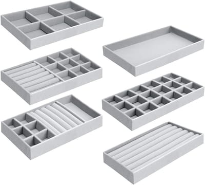 Set van 6 Grijze Velvet Sieradenorganizers voor Lades, Stapelbare Opberging voor Oorbellen, Ringen en Armbanden, Sieradentafel voor Efficiënte Bewaring