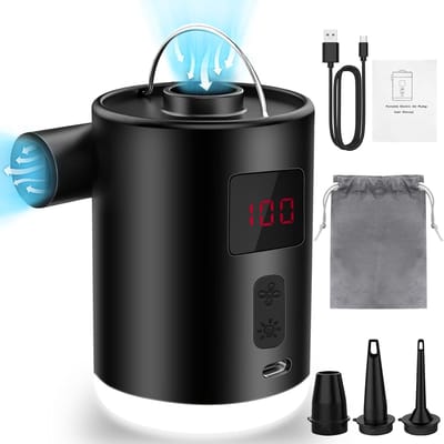 Electric Air Pump 4000 mAh - Hangable Illuminated Mini Pump with 3 Air Jets - Portable for Airbeds, Kayaks, Inflatable Swimming Rings