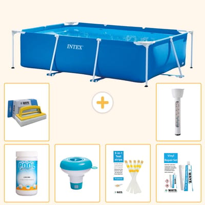 Intex Rechthoekig Frame Zwembad - 300 x 200 x 75 cm - Blauw - Inclusief Chloor - Chloordrijver - Testrips - Reparatiesetje - Scrubborstel - Thermometer - 7-delig