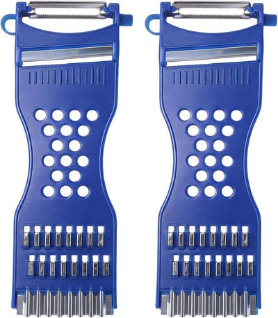 6-in-1 multifunctionele dunschiller, 6-in-1 multifunctioneel apparaat voor de keuken, 2 blauwe stukken met ophangoog, roestvrijstalen lemmet voor aardappelen, wortelen, komkommers en