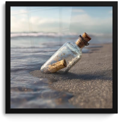 Poster in lijst - Fotolijst 40x40 cm - Posters - Glazenfles - Post - Zee - Zand - Posterlijst zwart - Decoratie - Wanddecoratie woonkamer - Muurdecoratie slaapkamer