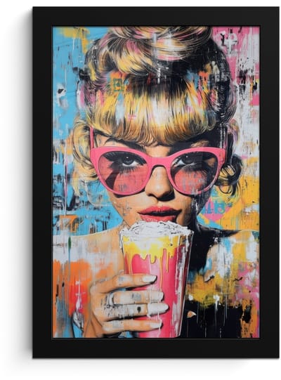Poster in lijst - Fotolijst 20x30 cm - Posters - Zonnebril - Vrouw - Kleurrijk - Verfspetters - Posterlijst zwart - Decoratie - Wanddecoratie woonkamer - Muurdecoratie slaapkamer