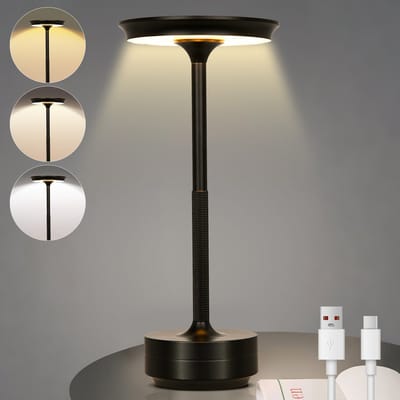Rosnek Oplaadbare Tafellamp Buiten - Traploos Dimbaar & Draadloos - Metaal - 3 Lichtkleuren - Touch Bediening - Modern Industrieel Design - Zwart