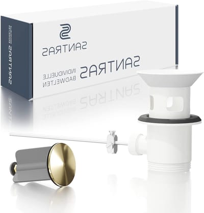 SANTRAS® Exzenter Ablaufgarnitur PREMIUM für Waschtisch mit Schutz vor Überlauf in Weiß/Gold – Komplette Überlaufgarnitur mit Ablauf Stöpsel in 1 ¼ für Armatur mit Zugstangengarnitur