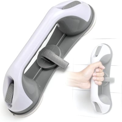 Handgreep voor bad en douche – Set van 1 – Zonder boren – Ontwerp met drie zuignappen – Geschikt voor gladde tegels en glas – Verwijderbare veiligheidsgreep voor de badkamer – Ontworpen voor senioren – Grijs