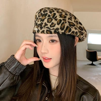 Amerikaans Heet Meisje Zoet en Cool Luipaardprint Baret Herfst en Winter Mode Veelzijdig Literair Retro Schildersmuts Gepersonaliseerde Casual Hoed average size beige