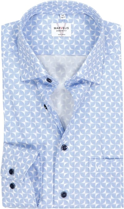 MARVELIS modern fit overhemd - popeline - lichtblauw met wit dessin - Strijkvrij - Boordmaat: 45 (EU maat: XXL)