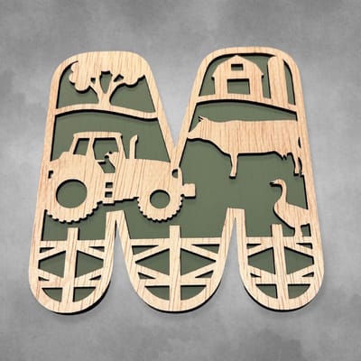 JMWOODS - LETTER M - Boerderij - Trekkers - Houten Letters Alfabet 25 CM - Kinderkamer - Kraamcadeau - Babykamer - Decoratie - Letter - Naam