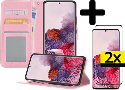 Hoesje - Met 2x Screenprotector - Geschikt voor Samsung Galaxy S20 Ultra - Luxe Pasjeshouder - Bookcase Portemonee - Flip Case - Kunstleer Book Case - Flipcase Hoes - Book Cover - Walletcase - Portemonneehoes - Telefoonhoesjes - Lichtroze