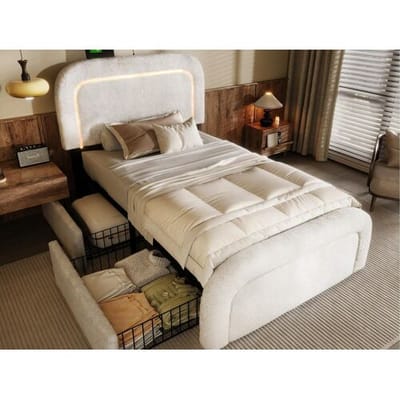 ModernLuxe Sherpa gewatteerd eenpersoonsbed met 2 lades - 90x200cm - met LED en oplaadpoorten - Wit