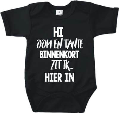 Baby romper met tekst zwangerschap aankondiging | Hi Oom en Tante binnenkort zit ik hierin | zwart | korte mouw | maat 56 cadeautje zwangerschap aankondiging tante bekendmaking |