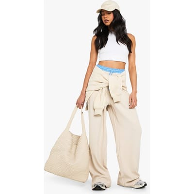 boohoo Dames Contraststrook Tailleband Broek met Wijde Pijpen | Stone | Maat: 6