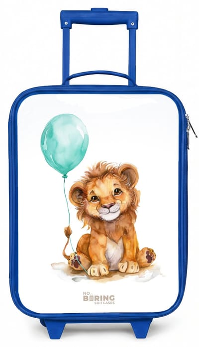 NoBoringSuitcases.com® - Kinderkoffer blauw - Kindertrolley jongen - Leeuw met blauwe ballon - Koffer kind lichtgewicht - Reiskoffer trolley voor kinderen - Koffertje met lichtgevende wieltjes - Rolkoffer