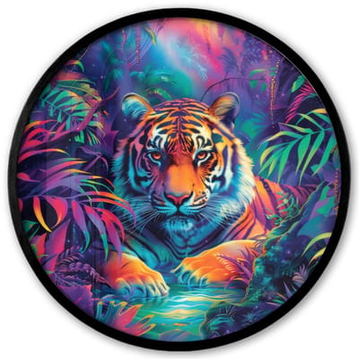 Poster in lijst Rond - Fotolijst 40x40 cm - Posters - Tijger - Dier - Jungle - Kleurrijk - Ronde posterlijst zwart - Decoratie - Wanddecoratie woonkamer - Muurdecoratie slaapkamer