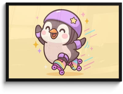 Poster in lijst - Fotolijst 90x60 cm - Posters - Pinguïn - Rolschaatsen - Geel - Energiek - Posterlijst zwart - Decoratie - Wanddecoratie woonkamer - Muurdecoratie slaapkamer