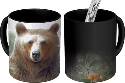 Magische Mok - Foto op Warmte Mokken - Koffiemok - Bruine beer - Wilde dieren - Bloemen - Planten - Magic Mok - Beker - 350 ML - Theemok