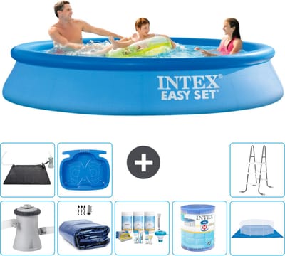 Intex Rond Opblaasbaar Easy Set Zwembad - 305 x 61 cm - Blauw - Inclusief Pomp - Solarzeil - Onderhoudspakket - Filter - Grondzeil - Solar Mat - Ladder - Voetenbad - 9-delig
