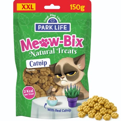 Park Life Meow-Bix Katten Snacks – Kalkoen & Kattenkruid – Graanvrij – 100% Natuurlijk – High Protein – Ovengebakken – 150g