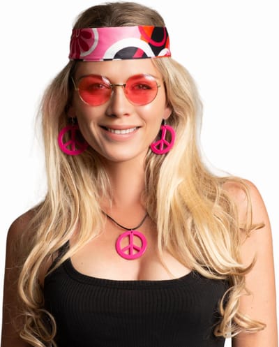 Partychimp Voordeelverpakking 3 pack Hippie Peace Set Hoofdband/Bril/Oorbellen & Ketting Flower Power Dames Carnavalskleding Dames - 4-delig - 3 pack