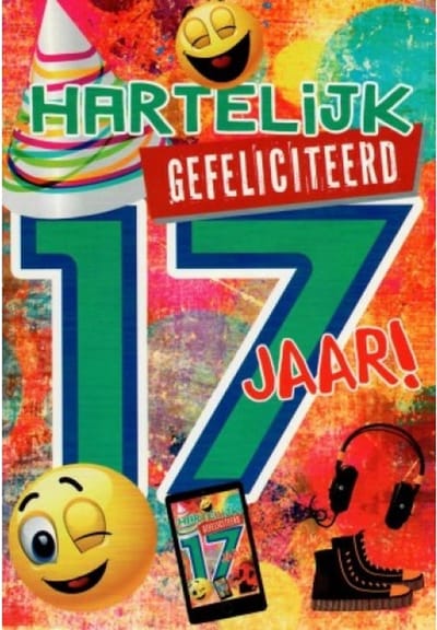 Je bent 17 jaar geworden! Hartelijk gefeliciteerd! Een vrolijke kaart met een smiley, koptelefoon, mobieltje en een feestmuts. Een leuke kaart om zo te geven of om bij een cadeau te voegen. Een dubbele wenskaart inclusief envelop en in folie verpakt.