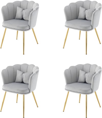 4-delige set - moderne fluwelen fauteuil - decoratiestoel - met bloemblaadrugleuning en kussen in vlindervorm - grijs