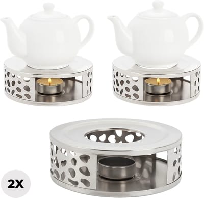 Lomera Theelichthouder RVS - Rechaud Met Theelichthouder - Warmhouder RVS - 15 cm Warmhoudplaat - RVS 430 Stainless Steel - Set Van 2 Theelichthouders - Theepot Warmer - Warmhoudplaat Voor Theepotten - Theelicht Warmer