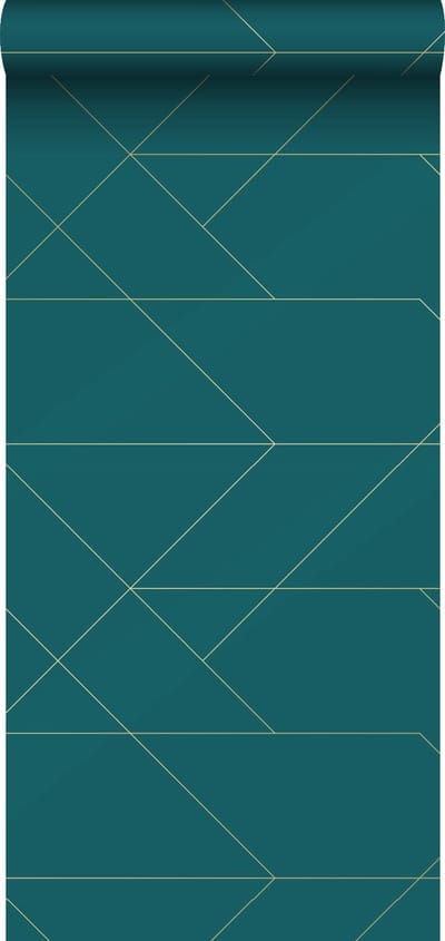 ESTAhome behang grafische lijnen petrolblauw en goud - 53 cm x 10.05 m - 139454