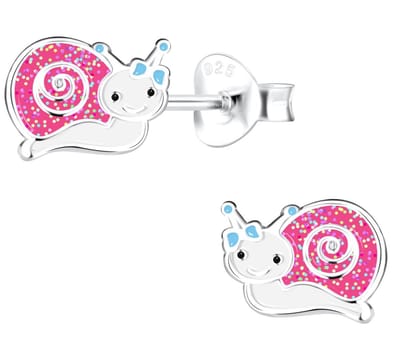 Joy|S - Zilveren slak oorbellen - 7 x 6 mm - wit roze met glitters - blauw strikje