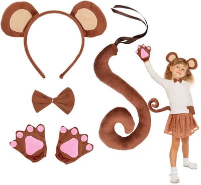 Apenkostuum - Dierenkostuumset met Apenoren - Lange Aapstaart - Apenpoothandschoenen - Vlinderdas - Geschikt voor Feestjes en Halloween - Dierenkostuum