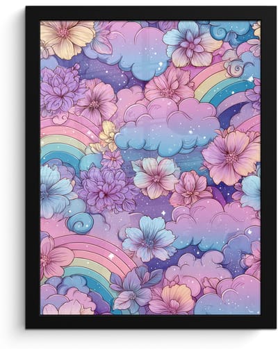 Poster in lijst - Fotolijst 30x40 cm - Posters - Regenbogen - Bloemen - Kleurrijk - Wolken - Posterlijst zwart - Decoratie - Wanddecoratie woonkamer - Muurdecoratie slaapkamer