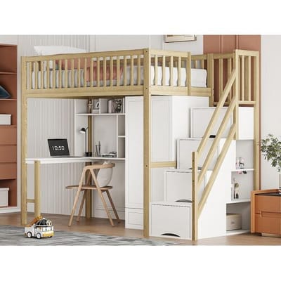 ModernLuxe Hoogslaper 90x200 cm - met kledingkast en bureau - houten bedframe - Wit & Naturel