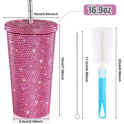 Bouteille thermos diamantée de 500 ml avec couvercle et paille, thermos à double couche en acier inoxydable et strass, bouteille d'eau à paillettes 500ml