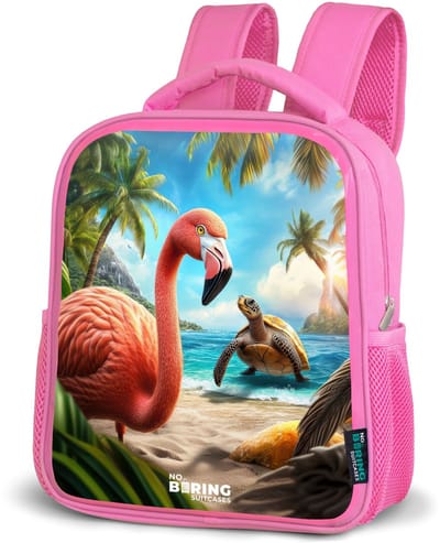 NoBoringSuitcases.com® - Rugzak roze - Schooltas meisjes - Flamingo en schildpad op tropisch strand - Kinder rugtas meisje - Boekentas kind - Kinderrugzak voor school - Schoolrugzak