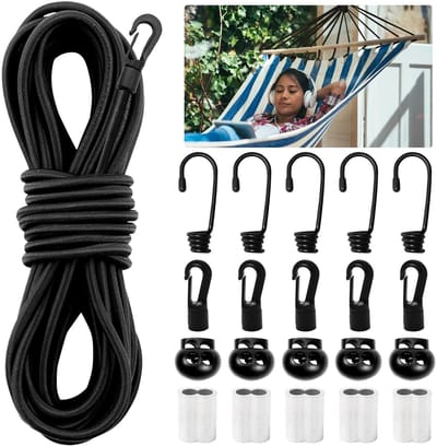 Dailygoody - Rubberen touw - Elastisch touw 5 mm - Ideaal voor aanhangerzeil - Zwart - Bevestigingsmateriaal - Inclusief haken en koordstoppers - Voor...