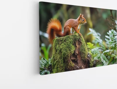 Saammp Canvas Schilderij - Natuur - Eekhoorn op stronk - landschap - 45x30 - Foto op canvas - Wanddecoratie - Muurdecoratie Woonkamer - Slaapkamer decoratie - Canvas Print