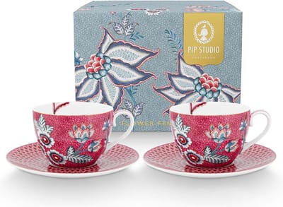 Pip Studio Flower Festival Kop en Schotel - Donker Roze- Porselein - Set van 2 - 280ml