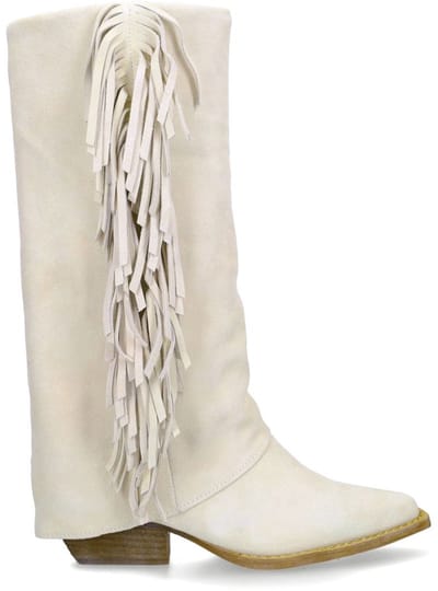 Manfield - Dames - Off white suède cowboylaarzen met franjes - Maat 38