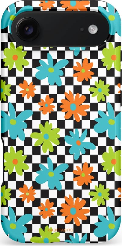 Casetastic hoesje geschikt voor Apple iPhone Air - MagSafe - Dubbellaagse bescherming - Retro Bloem Power - Fashion Case - Zwart Turquoise Grijs Wit