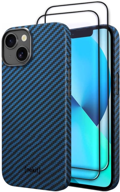 NEKIT Fiber Hoesje met 2-Pack Screenprotector Geschikt voor Apple iPhone 13 | Compatibel met MagSafe & Qi2 | Kevlar Back Cover | GRS Gerecycled Glas | 9H+ Gehard | met Installatiebox | Blauw