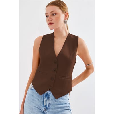 Fitted Buttoned V-hals Vest met Paspelzak
