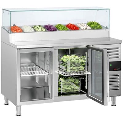 GGM Gastro Zubereitungstisch PREMIUM - 1510mm - 2 Glastüren - mit Glasaufsatz - für 8x GN 1/3